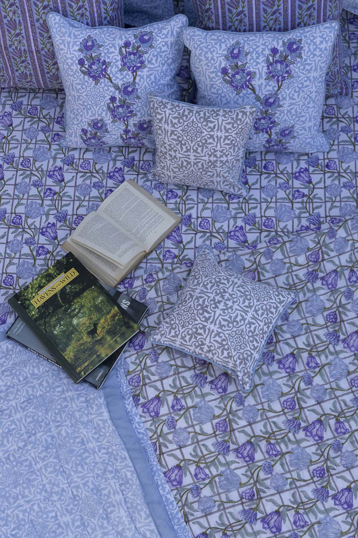 【ブロックプリント】ブルートパーズとアメジストのチューリップ ベッドリネン3点セット【ジャイプール伝統工芸】