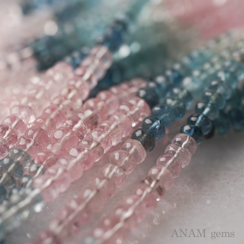 【つるんと透明】モルガナイト・アクアマリン シェードグラデーションカラー プレーンボタンカット(ロンデル) 40cm【サンタマリアカラー入り】